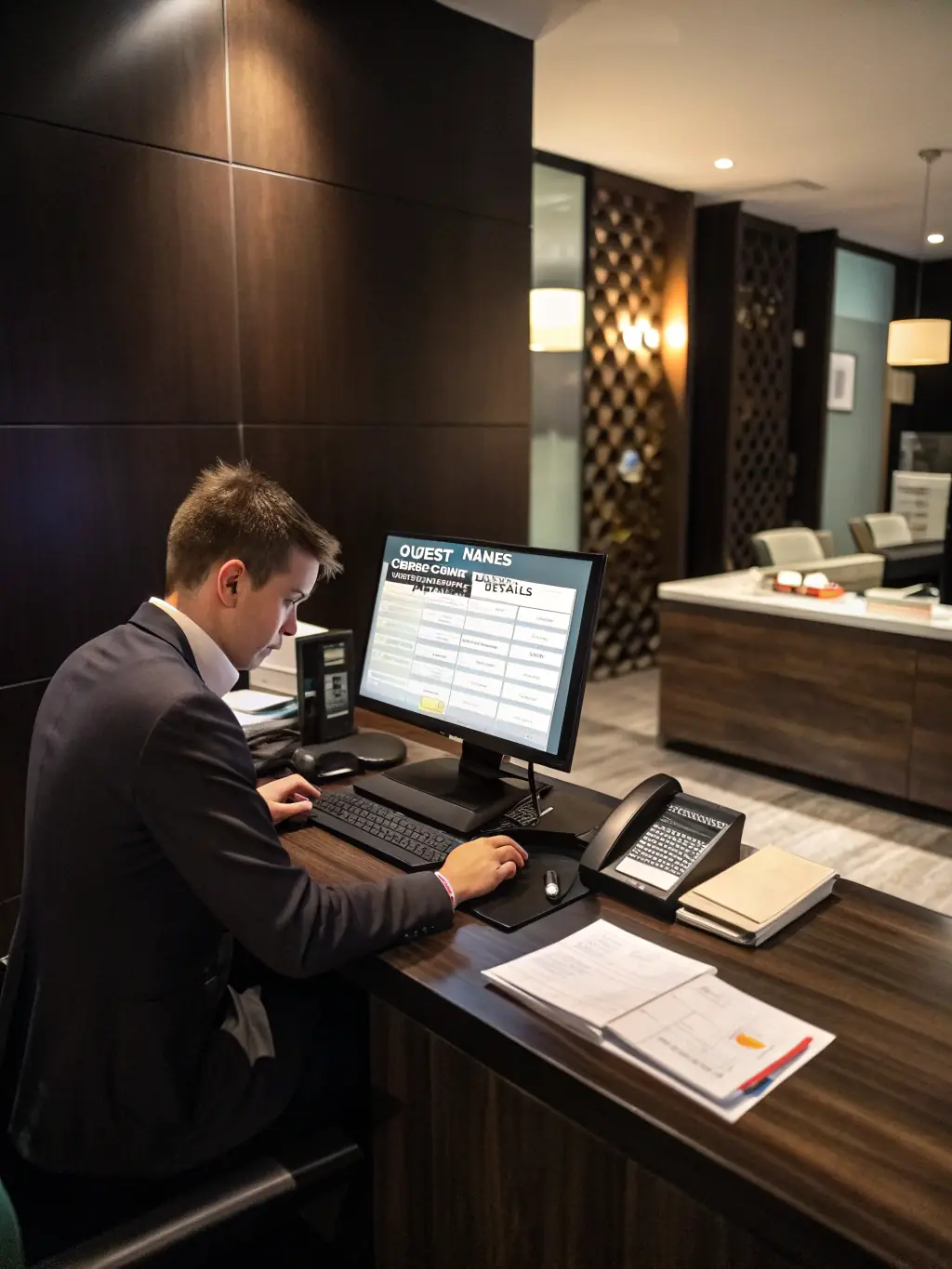 An image depicting a hotel manager reviewing a guest report on the Custos Hospitii platform, highlighting the decision-making tools and insights provided.