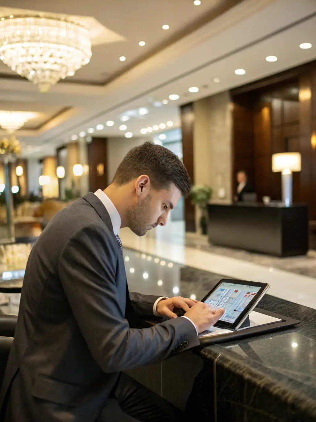 A professional photograph of a hotel manager using the Custos Hospitii platform on a tablet, showcasing the reporting feature with a clear and intuitive interface.